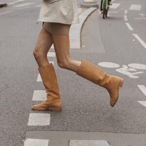 Larroude Anne Knee High Boots In Peanut Suede